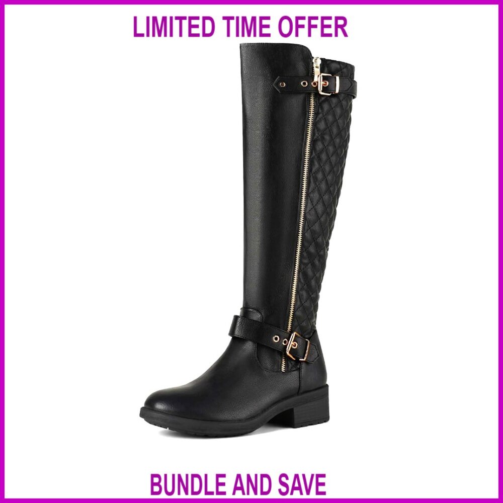 Knee-High Riding Boots Chunky Block Heel Side Zipper Buckle Detail